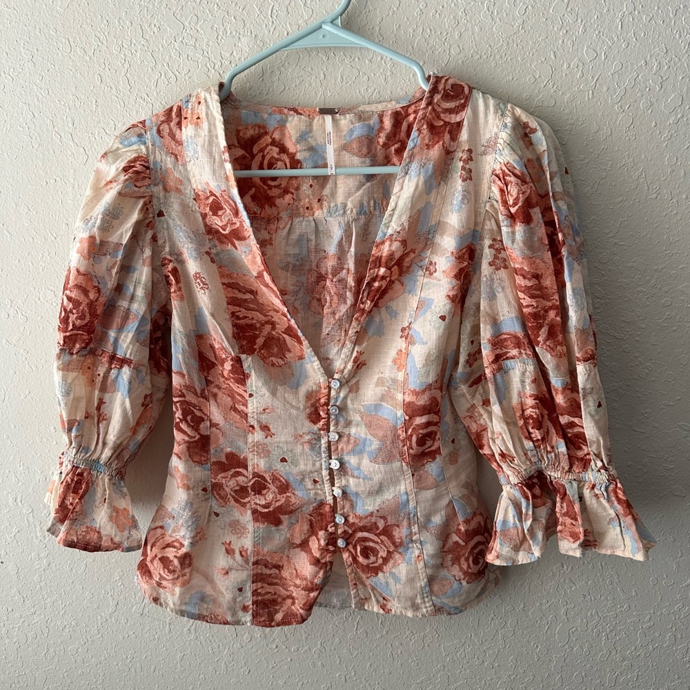 Free People Cream and Red Blouse